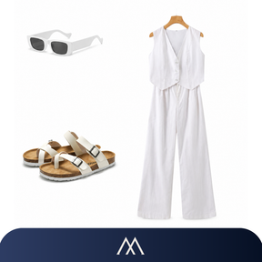 Conjunto feminino branco em linho Amalvi com sandália clara e óculos modernos