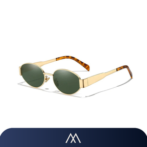 óculos de sol feminino Amalvi Siena oval dourado lente marrom UV400