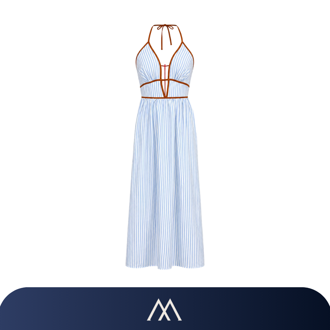 vestido longo listrado azul feminino verão elegante