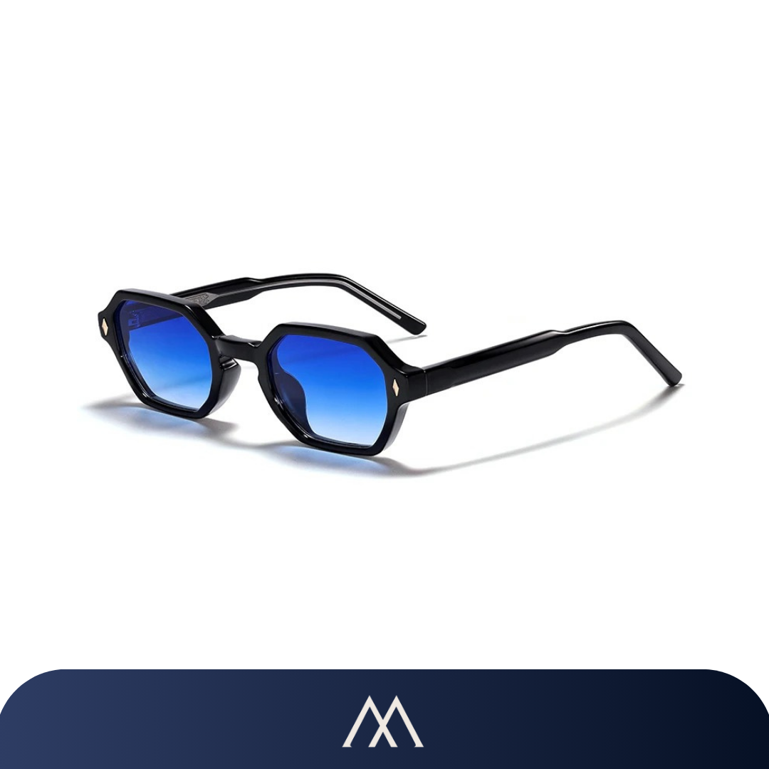 óculos de sol Amalvi Cannes lente azul degradê formato geométrico