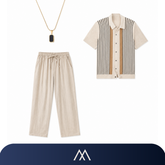 Conjunto masculino em linho e tricot Amalvi com calça leve, camisa polo sofisticada e colar minimalista