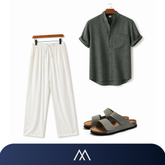 Conjunto masculino em linho Amalvi com calça leve, camisa sofisticada e sandália casual elegante