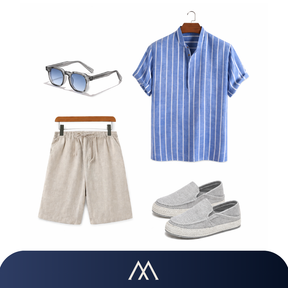 Conjunto masculino em linho Amalvi com camisa leve, short confortável, mocassim casual e óculos de sol modernos