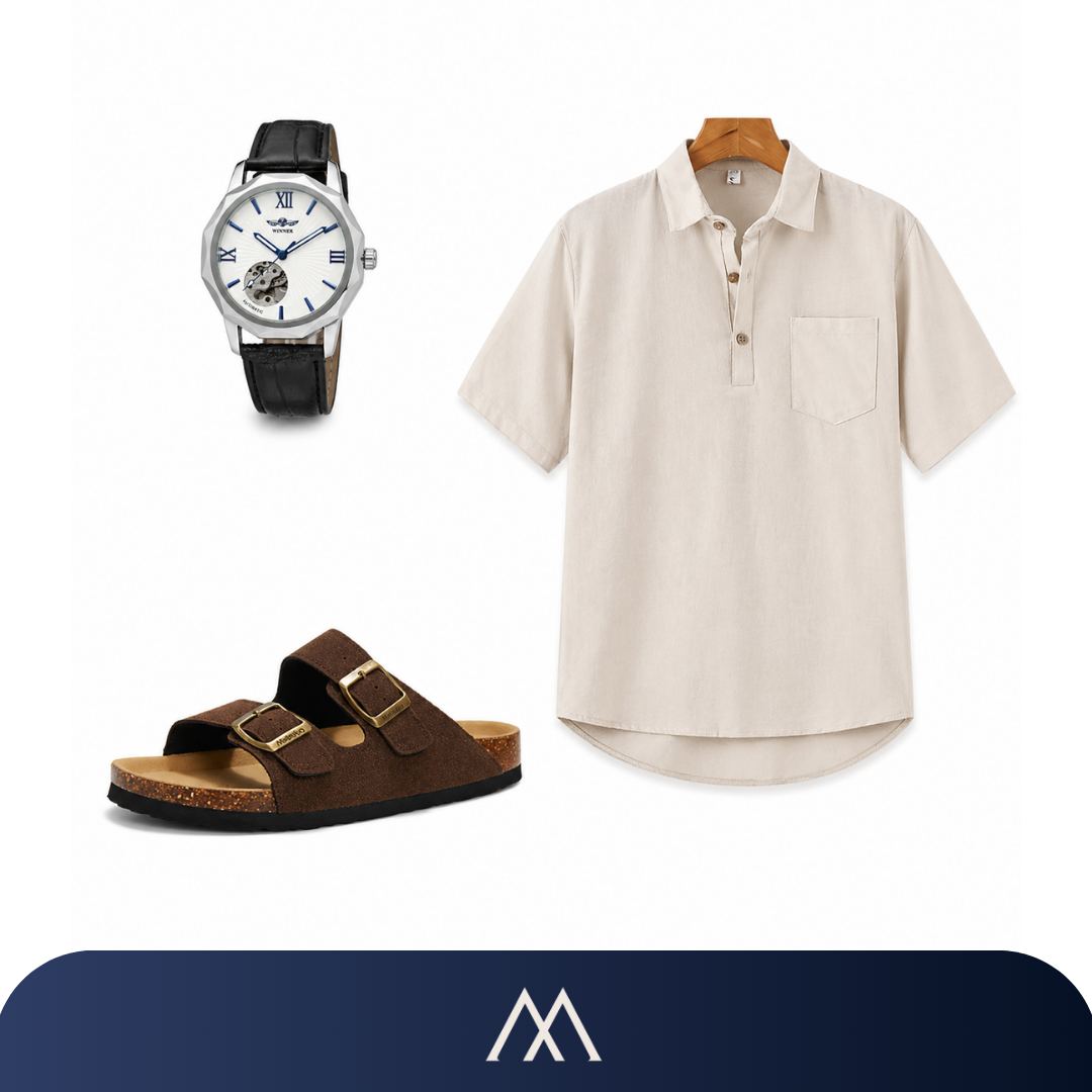 Conjunto masculino casual elegante Amalvi com camisa de linho, sandália confortável e relógio automático sofisticado