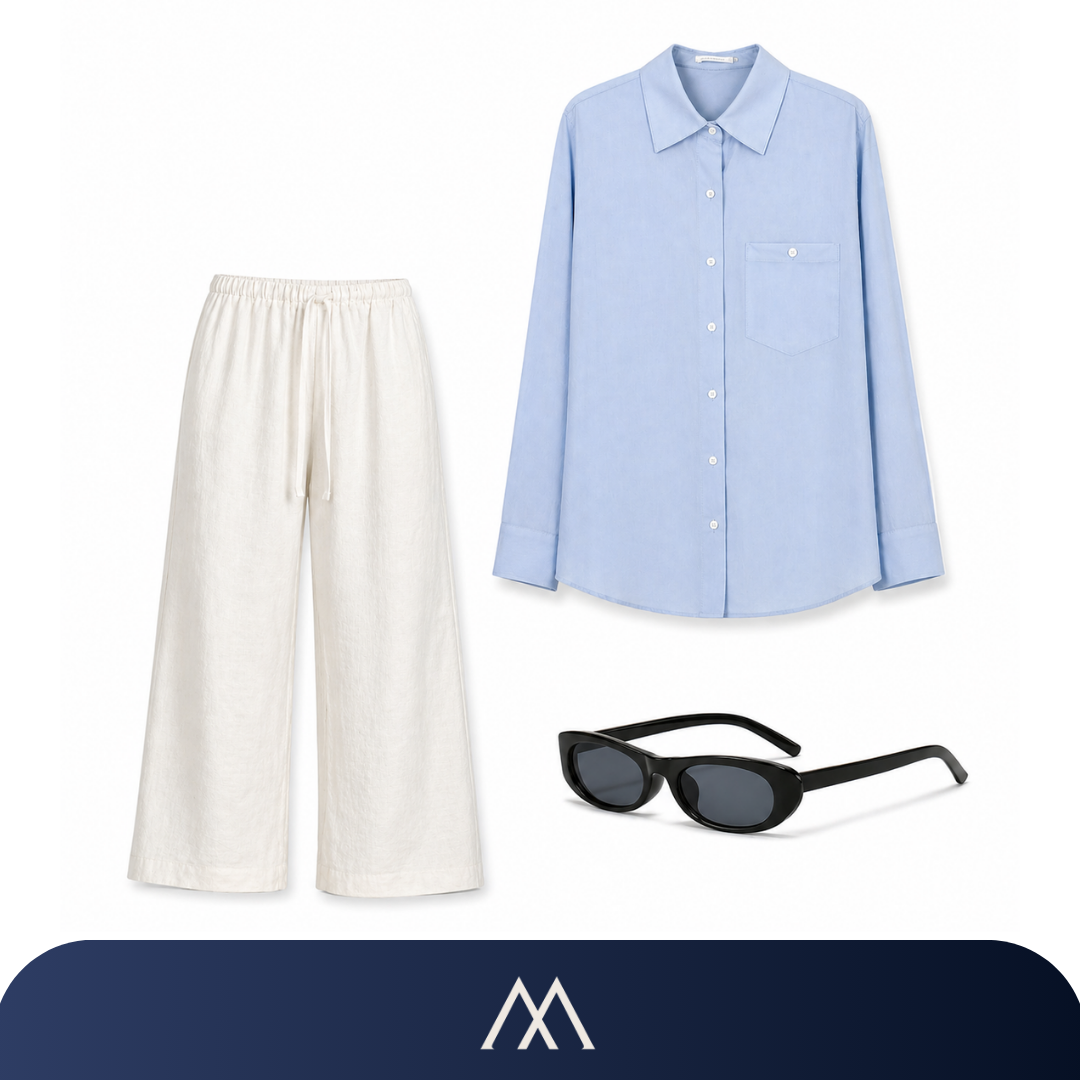 Conjunto feminino em linho Amalvi com calça leve, camisa elegante e óculos de sol modernos