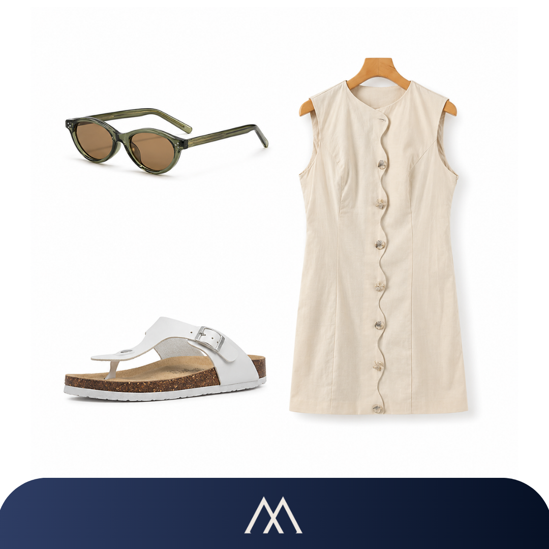 Conjunto feminino elegante Amalvi com vestido leve de linho, sandália confortável e óculos de sol modernos
