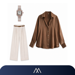 Conjunto feminino elegante Amalvi com camisa de cetim, calça com cinto e relógio sofisticado