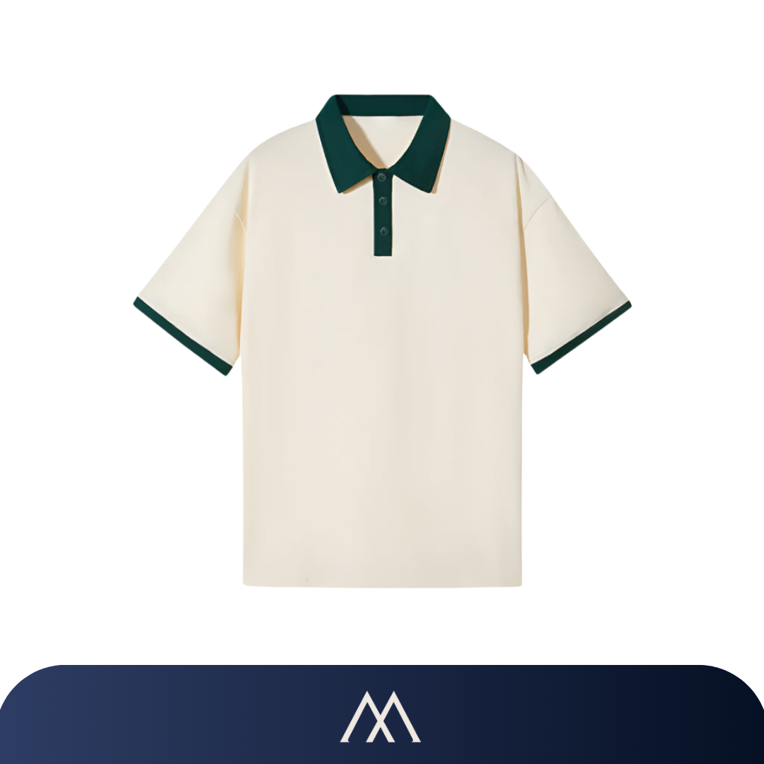 camisa polo masculina Amalvi Verona algodão bege gola verde elegante