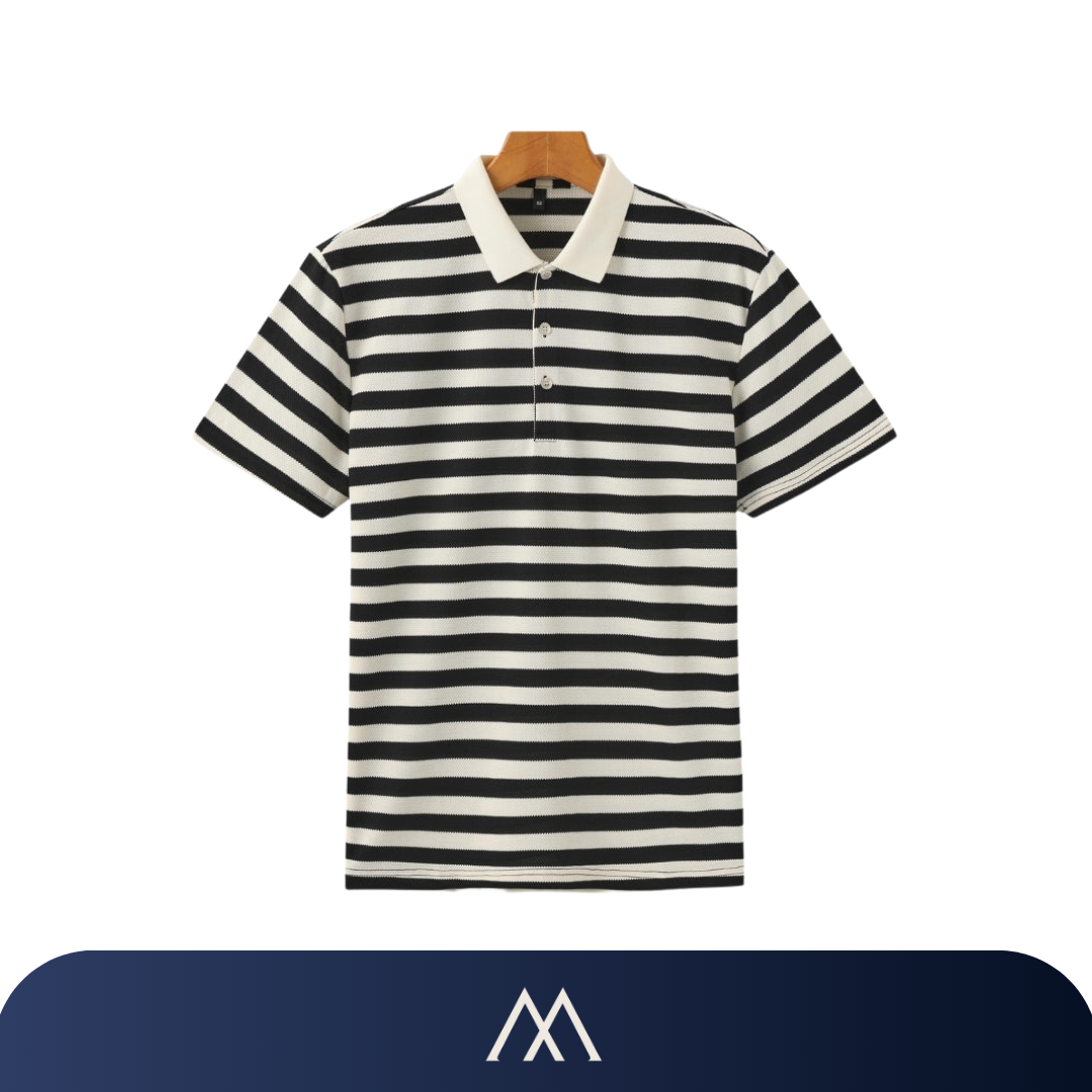 camisa polo masculina Amalvi Bari listrada preta branca algodão

