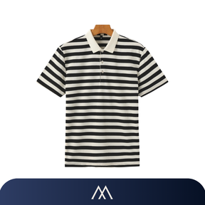 camisa polo masculina Amalvi Bari listrada preta branca algodão
