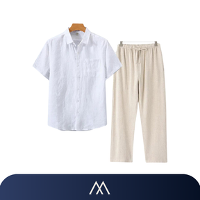 conjunto masculino Amalvi Positano linho camisa branca calça bege

