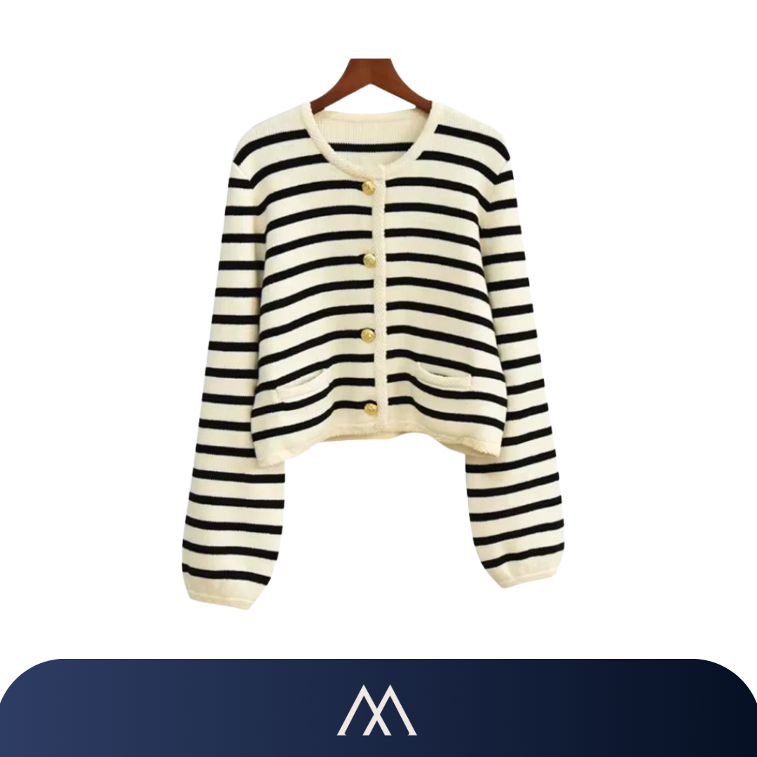 cardigan feminino amalvi riviera tricot listrado bege preto
