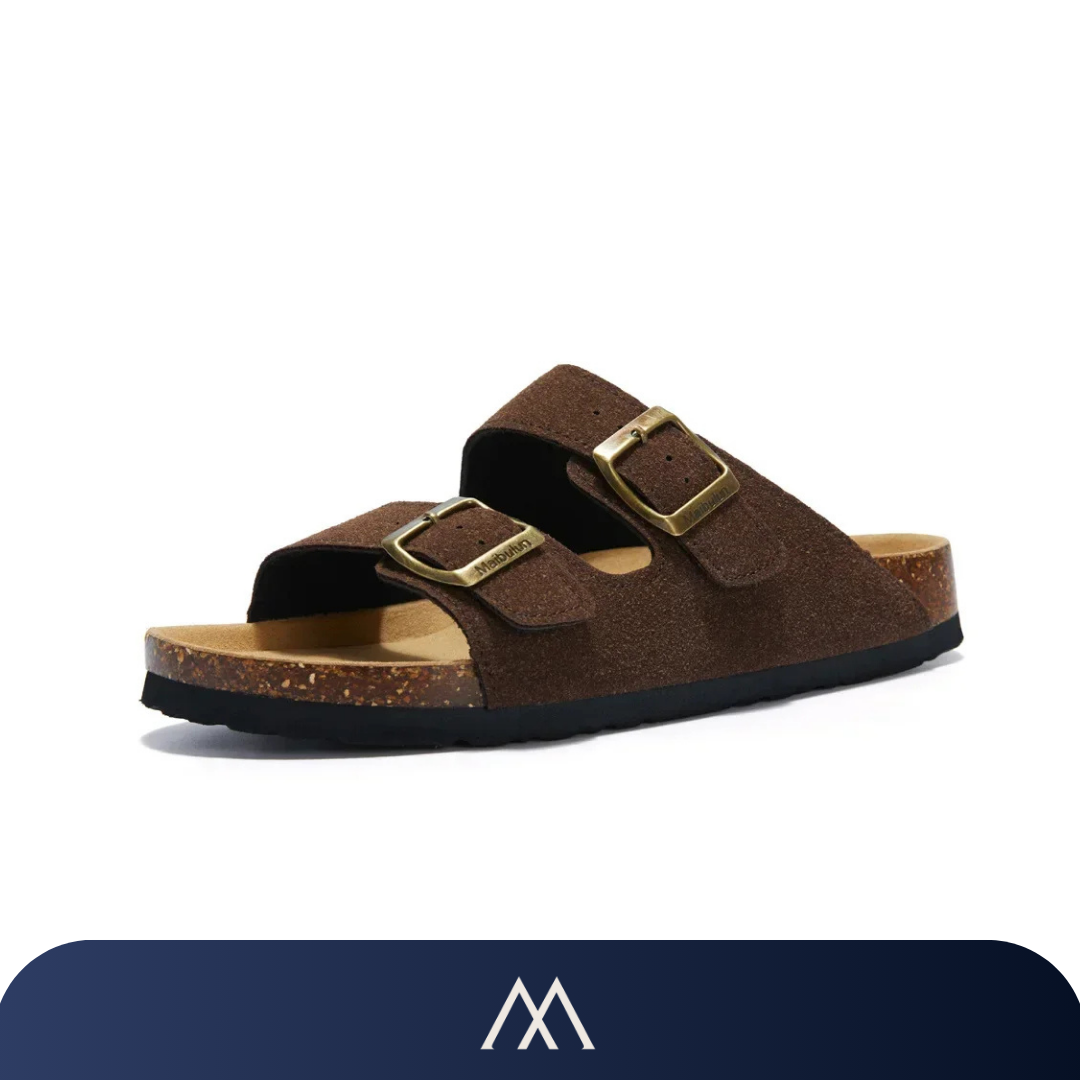 sandália duas tiras com fivela metálica e base de cortiça