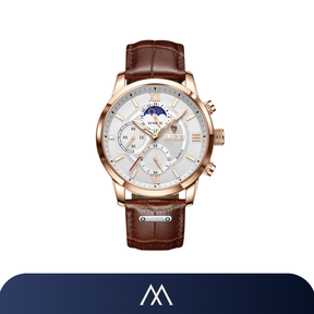 Relógio masculino Amalvi com pulseira de couro marrom, mostrador multifuncional e fase da lua