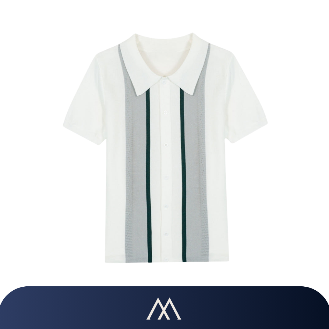 polo masculina moderna com listras verticais sofisticadas