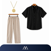 Conjunto masculino em linho Amalvi com calça elegante, camisa minimalista e colar masculino de destaque